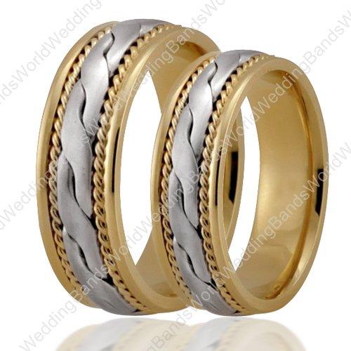 14K Handmade Two Tone Matching Wedding Bands, 6.5mm Wide