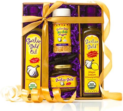 Garlic Gold Organic Gourmet Decorative Box with Garlic Infused Extra Virgin Olive Oil, Meyer Lemon Vinaigrette, Garlic Sea Salt Toasted Nuggets, Olive Oil with Garlic, no MSG, Sugar Free, Vegan, Keto