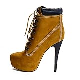 Onlymaker Almond Toe Platform Lace Up High Slim Heel Ankle Boots Brown US11