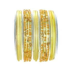 Beachcombers! Ethnic Glass Indian Wedding Bridal Bollywood Bangles Belly Dance Bracelets Set Yellow Silver