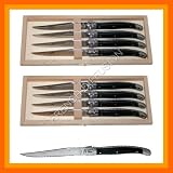 Laguiole Dubost - 8 STEAK KNIVES - in HEAVIER 25/10 stainless steel - BLACK color (authentic French quality luxury table flatware/cutlery setting for 8 people - dishwasher safe - direct from FRANCE)
