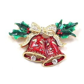 Christmas Bow Jingle Bell Austrian Rhinestones Gold-Plated Brooch Pin