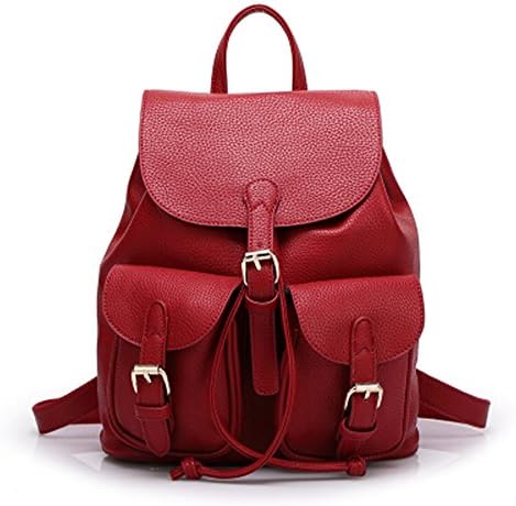 Tinksky Pu Leather Backpack Shoulder Bag 2 Outside Pockets Schoolbag Dark Red