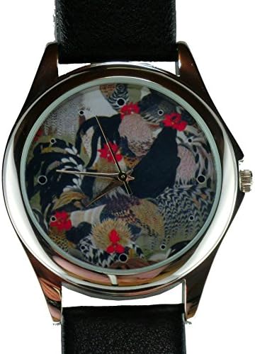 Luxtokey Unisex Ito Jakuchu Roosters Silver Tone Case Black Leather Strap Wrist Watch