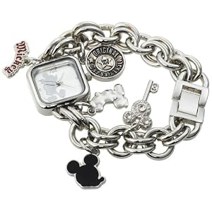 Disney Women's MK2057 Mickey Mouse Silver Sunray Dial Charm Bracelet Watch