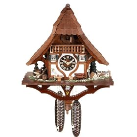 River City Clocks 870-17 Eight Day Chalet Style Cuckoo Clock with Sloping Roof And Country Scenery, 17-Inch Tall
