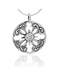 Chuvora .925 Oxidized Sterling Silver Filigree Round Cut Out Design With Round CCZ Stone Pendant Necklace 18", Fashion Jewelry for Women, Teen, Girl