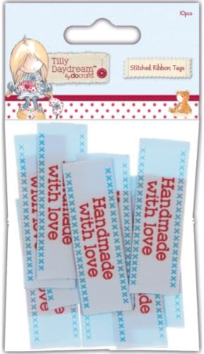 Tilly Daydream Stitched Ribbon Tags, Handmade with Love, 60mm by 20mm, 10-Pack