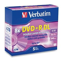 Verbatim 95311 8.5 GB 8x-10x Double Layer Recordable Disc DVD+R DL, 5-Disc Slim Case