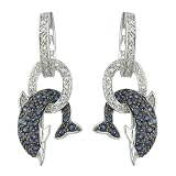 14K White Gold Sapphire and Diamond Dolphin Earrings with Black Rhodium Plating