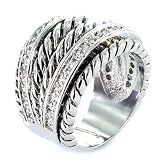 Silvertone Double Rope Center Fashion Ring with CZs