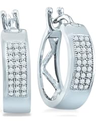 10k White Gold Round Diamond Pave Set Hoop Huggie Earrings - 15mm Height * 5mm Width (1/6 cttw)
