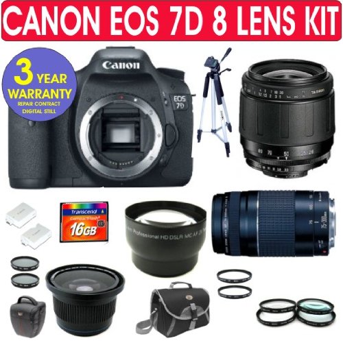 Canon 7D Digital Camera + Tamron 28-80mm Zoom Lens + Tamron 75-300mm Zoom Lens + 2x Telephoto Lens + .40x Wide Angle Fisheye Lens + +1,+2,+4,+10 Macro Close Up Kit + 2 UV Filters + 2 PL Filters + 16 GB Memory Card + Extra Battery + Holster Case + Camera Bag + 57" Tripod + 3 Year Warranty