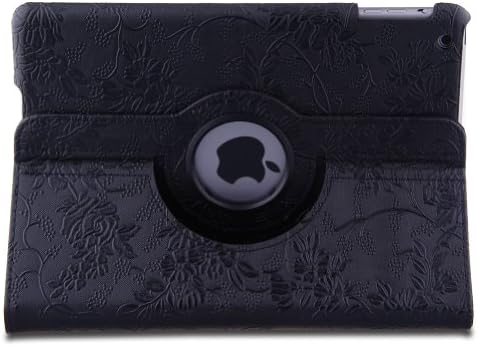 360 Degrees Rotating Embossed Flower Cover Case for iPad Air iPad 5 iPad 5th Gen Generation Tablet, Supports Wake/sleep Function-Black