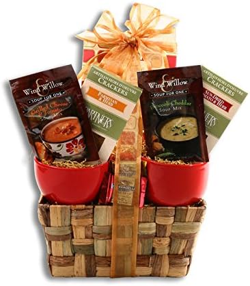 Soup's On Mini Festive Woven Wood Gift Basket with 2 Red Mugs