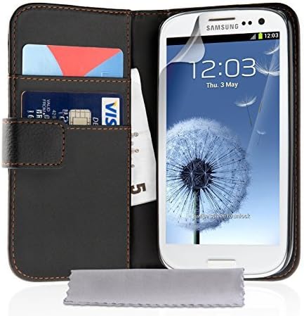 Samsung Galaxy S3 Case Black Leather Wallet Cover With Screen Protector