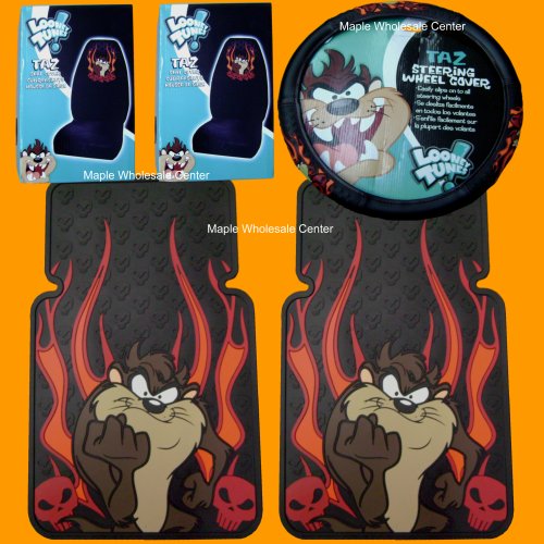 5pc Taz Tasmanian Devil Car Truck Suv Floor Mats Seat Covers and Steering Wheel Skulls and Flames