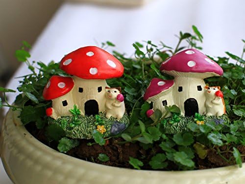 Mossfairy 2pcs Miniature Ornament Hedgehog and Mushroom House Red&amp;Purple
