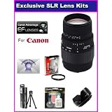 Sigma 70-300mm f/4-5.6 DG Macro Telephoto Zoom Lens For Canon Rebel XT XTi 350D 400D 50D XSI XS T1I T2I 5D 10D 20D 30D 450D With Essentials USM Accessory Package Kit Includes High Resolution HD protective UV Filter, Flower Lens Hood + 6 Year Extended Lens Warranty + More