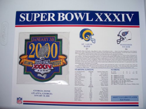 1999 St Louis Rams vs Tennessee Titans NFL Super Bowl 34 (XXXIV) 2000 Kurt Warner MVP Willabee Ward Patch and Stat Panel Card