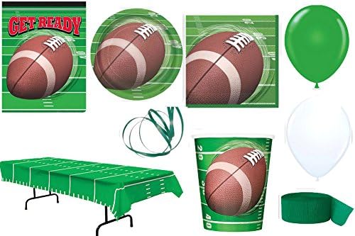 Football Party Supplies for 16 - Invitations, Table Cover, Cups, Napkins, Plates, Curling Ribbon, Streamer &amp; Balloons - This Bundle Has 125 Pieces