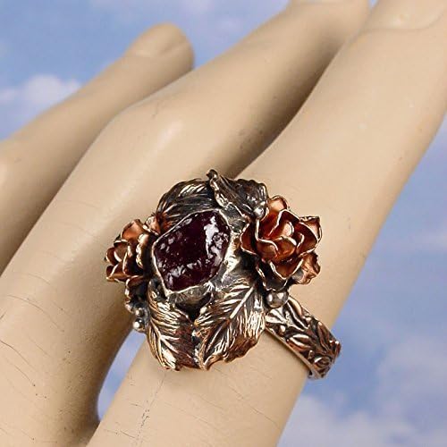ROSE GARDEN - OOAK One Of A Kind - Rough Uncut Ruby Ring With Roses &amp; Leaves U.S.A. Size 9