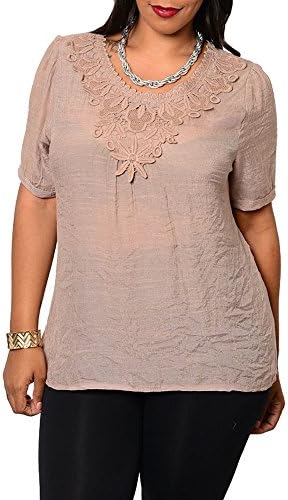 DHStyles Women's Plus Size Classy Crochet Neckline Sheer Chiffon Loose Fit Top-2X - Brown
