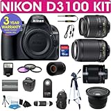 IMAGE OF Nikon D3100 Digital Camera + Nikon 18-55mm VR Lens + Nikon 55-200mm VR Lens + .40x Wide Angle Fisheye Lens + 500mm Mirror Lens + 2x T-Mount Telephoto Lens + 3 Year Celltime Warranty