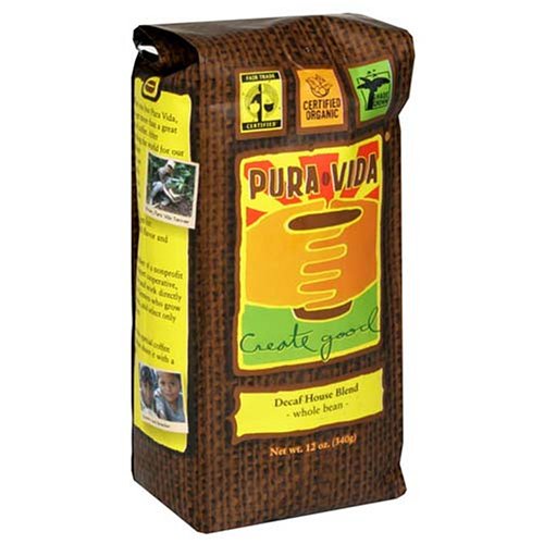 Pura Vida Decaf Whole Bean Coffee, House Blend, 12-Ounce Bags (Pack of 3) by Decaf House Blend