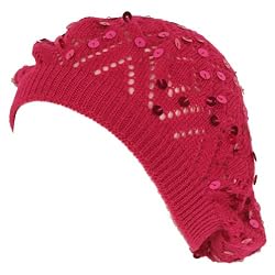 Knit Sequins Light Beret Tam Slouch Hat Dance Cap Violet Pink