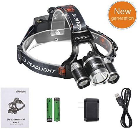 Shinight LED Headlamp Headlight Flashlight with Three Light Source, Cree LED, Rechargeable Battery, USB Charging Port, Rear Safety Light for Outdoor Sports