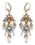 Victorian Elegance Michal Negrin Splendid Dangle Earrings Adorned with Flower and Leaf Ornaments, Falling Hyacinth Flowers and Beads, Blue, Green, Light Brown and Lilac Swarovski Crystals