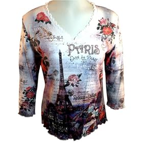 Cactus Fashions Paris 3 4 Sleeve, Rhinestone Studded, V-Neck, 100% Cotton Printed Top White