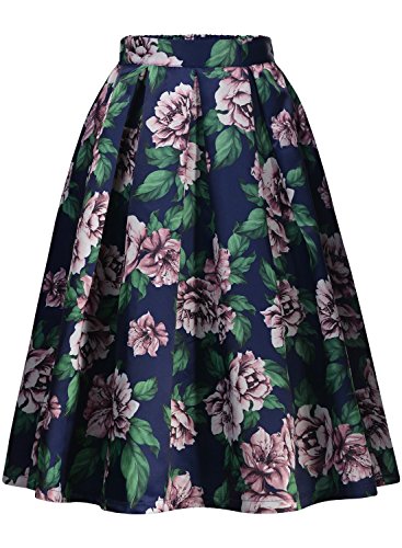 Missmay Women's Vintage Pleated Floral Print Flared Casual Swing Skirts