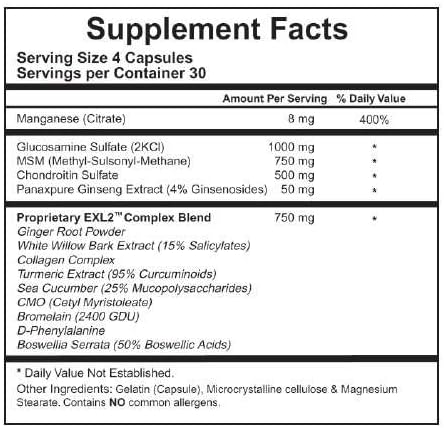Arthritis, Joint Pain Relief Support EXL2 All Natural Glucosamine, MSM, Chondroitin Capsules Packed with Complex Blend Botanicals for Maximum Strength