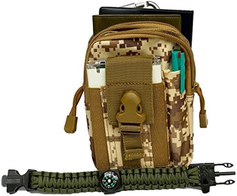 Desert Warrior MOLLE EDC Tactical Utility Gadget Pouch Waist Bag Pack with Survival Bracelet and Metal Carabiner (Camouflage Khaki)