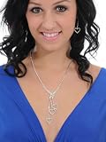 Rhinestone Dangling HEART Necklace Matchart Earring 3 Piece Seting