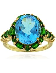 10k Yellow Gold Blue Topaz Oval Gemstone Ring with Chrome Diopsied, Birthstone of December.