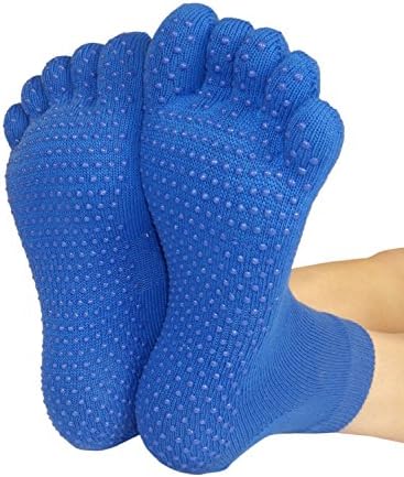 Grip Socks for Yoga, Pilates, Barre - Non Slip, Five Toe Ankle High (Blue, Pack of 2)