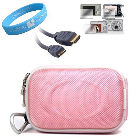 Nylon Pink Camera Case for Sony Bloggie MHS-TS20 Full HD Touch Camera + Screen Protector + HDMI Mini Cable for Sony Bloggie + Wristband