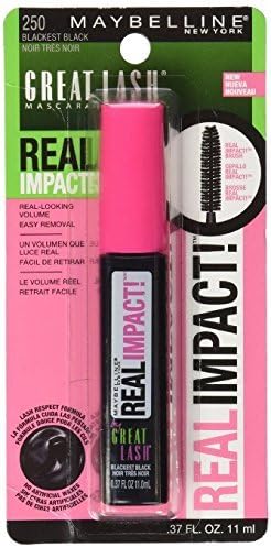 2-MARBELLINE NEW YORK GREAT LASH REAL IMPACT MASCARA WASHABLE BLACKEST BLACK #250 (PACK OF 2)