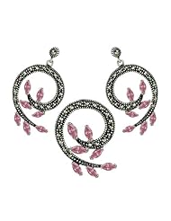 Sterling Silver Marcasite Pink Cubic Zirconia Marquise Swirl Earrings and Pendant set 16 inches Chain