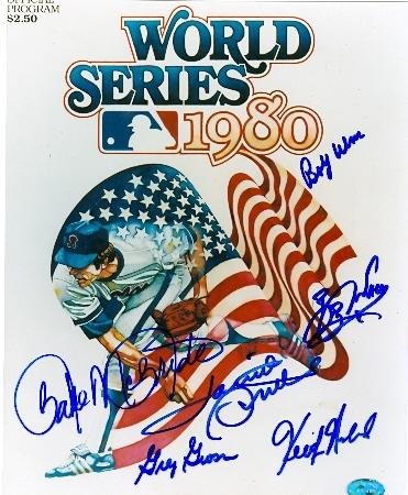 Bake McBride Signed Photo - 1980 Philadelphia Phillies 8x10 of World Series Program Cover Bob Walk Keith Moreland Wine Gross, & Lonnie Smith