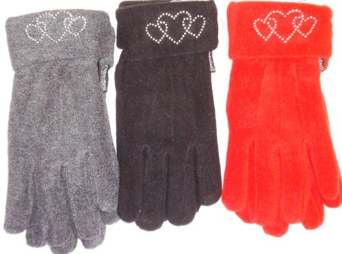 4fa1.006, Set of Three Fleece Microfiber Lined One Size Ladies Gloves with Rhinestone Heart Ideal for Valentine Day Gift