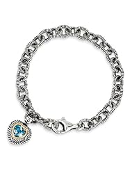 SS 14k Yellow Gold Swiss Blue Topaz 7.5in Heart Vintage Style Bracelet 6.43ct