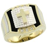 10k Gold Mens Rhodium Accented Square Diamond Cross Ring w/ Black Onyx Stone & 0.095 Carat Brilliant Cut Diamonds, 5/8 in. (16mm) wide, size 11.5