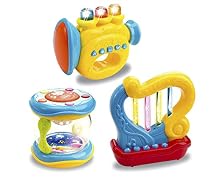 Set of 3 Musical Light Up Interactive Toy Instruments for Toddlers (Trumpet, Drum, Harp)
