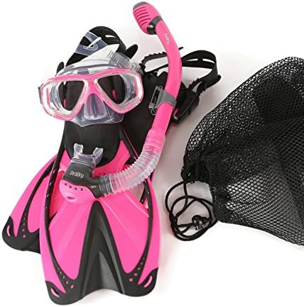 Junior Snorkeling Scuba Diving Mask DRY Snorkel Fins Set for Kids-Hot Pink-SMMD