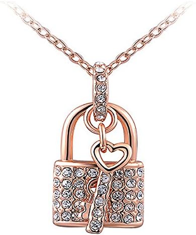 MayaMajesty Women's Rose-Gold Coated Crystal Lock And Key Necklace for Women and Girls