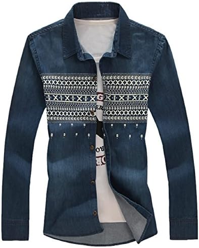 XueYin Men's Casual long-sleeved denim shirt (Blue,XXXXL size)